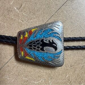 Silver and Black Bolo Tie with Colorful Inlay